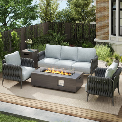 5 - Person Rattan Sofa & 42''W Propane Fire Pit Table Outdoor Seating Set With Cushions