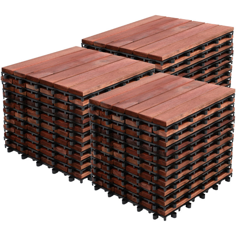 Bliss Outdoors Hardwood 6-Slat Interlocking Wood Deck Tiles, Red, Set of 30, Dark Brown