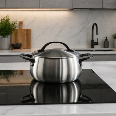 BergHOFF Belly Tri-Ply 18/10 Stainless Steel 8" Stockpot 4qt. with Lid, Smokey Black