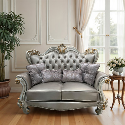 Faux Leather Upholstered Button Tufted Loveseat With 4 Pillows, Silver And Antique Platinum