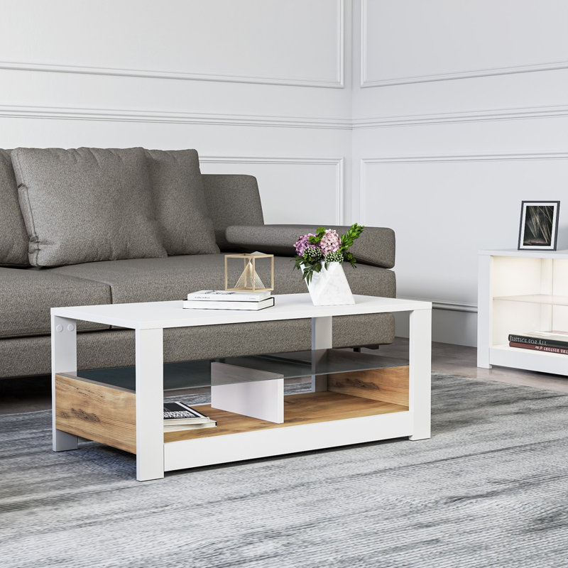 Table basse moderne avec nombreuses tablettes, blanc et chêne, 35,4 x 14,6 x 14,6 pouces | 100% panneau de particules enduit de mélamine, épaisseur: 0,7 pouce | Design mural, élégant et fonctionnel pour les espaces de salon et de bureau