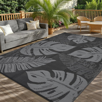 Tapis d'extérieur réversible imperméable 9 x 18 pi, grand tapis de camping en paille en plastique portable, imprimé de feuilles moderne, tapis d'extérieur facile à nettoyer pour la cour, la terrasse, la plage - noir et gris
