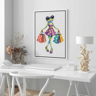 Colorful Frog Fashion Shopping Character Framed Canvas Master Bedroom Wall Art Work Print