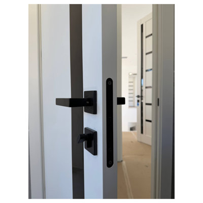 Porte intérieure française prémontée Planum 0040 Blanc Soie avec vitrage noir, panneau simple, cadre et poignées inclus, idéale pour salle de bain ou chambre à coucher. Porte robuste - 91,4 cm x 203,2 cm