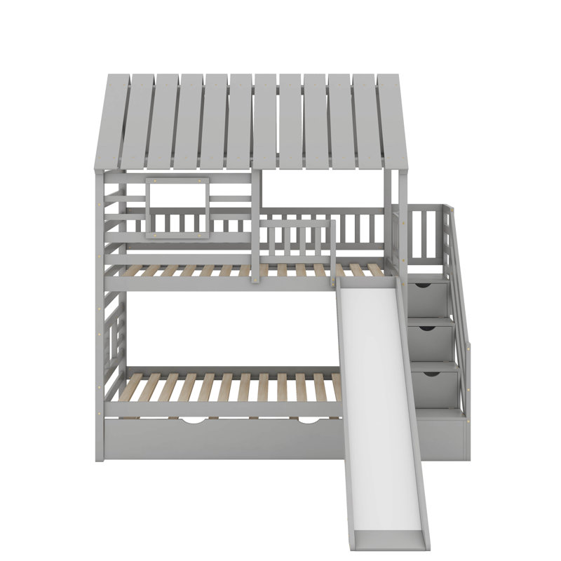Twin Over Twin Bunk Bed With Trundle, Gray