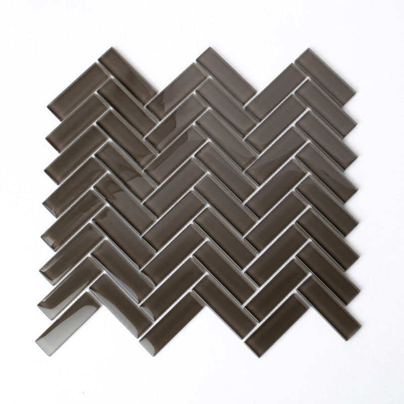 11"X 12.6" Herringbone Polished Glass Mosaic Tile, Ash Gray