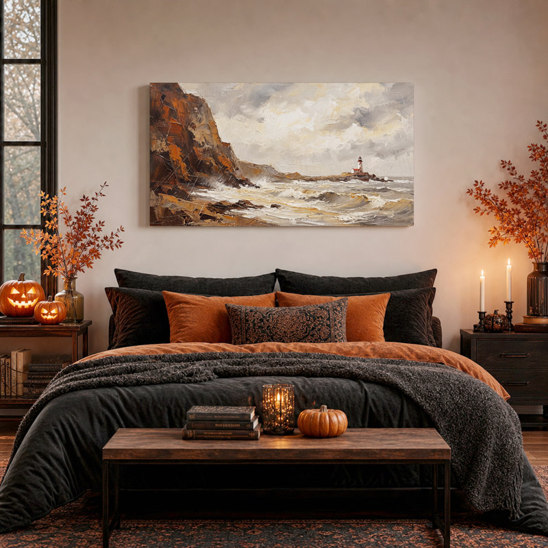 Art mural sur toile, "Phare et falaises", 46“W x 24”H