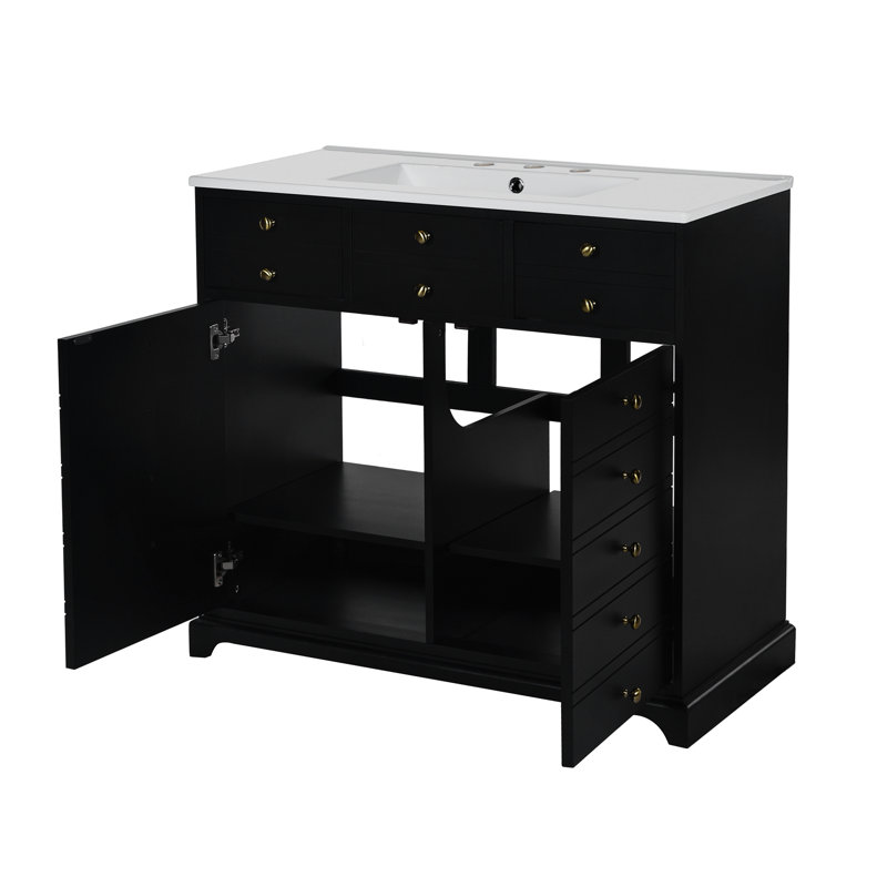Ensemble de meuble-lavabo 36 po avec lavabo en céramique, armoire de rangement en bois massif, ensemble de meuble-lavabo autoportant avec 2 tiroirs et portes à fermeture douce, noir