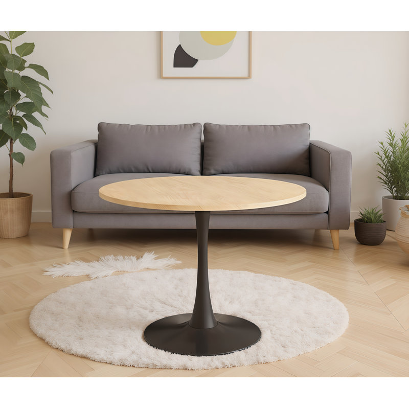 Natural Wood Round Table - Modern Dining, Kitchen, And Mid Century Coffee Table For Living Room, MDF Top With Steel Base, 24 Inch Oval Design | Gift Idea