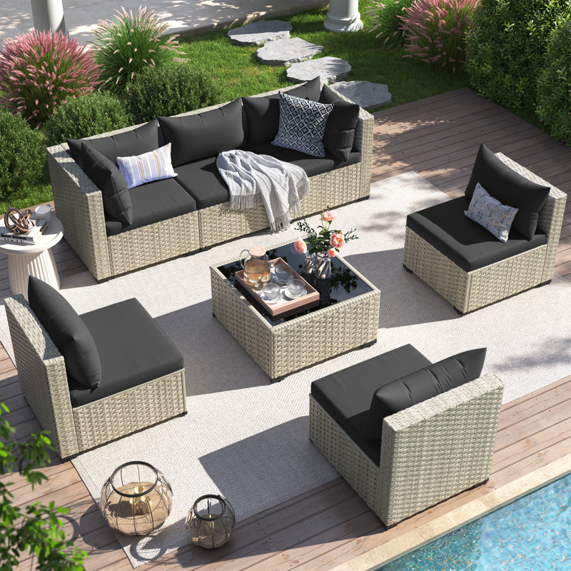7 Pieces Rattan Patio Conversation Sets With Cushions, Black