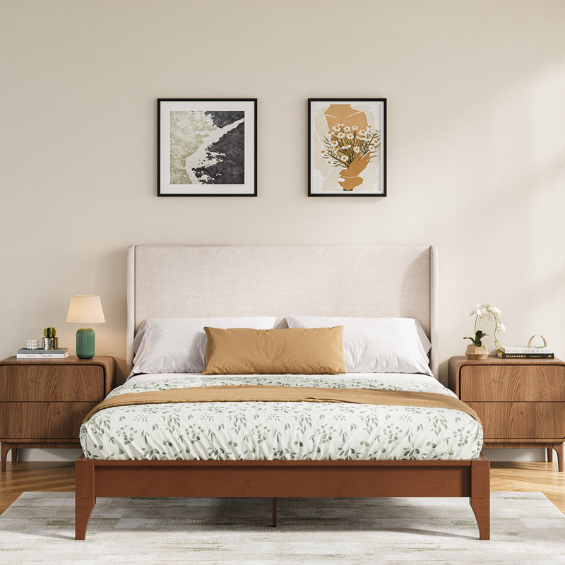 Shiann Queen Bedroom Set, Solid Bamboo Wood Platform Bed Frame & Upholstered Wingback Headboard