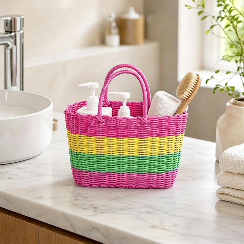 Panier en tissu non tissé, panier de rangement en plastique tressé à la main, panier de rangement multifonctionnel et portable, idéal pour la maison, la salle de bain et le shopping.