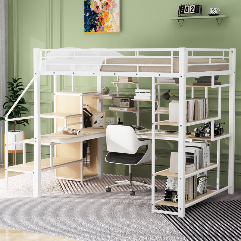Lit mezzanine blanc avec bureau intégré, tablette et structure en métal, rangement