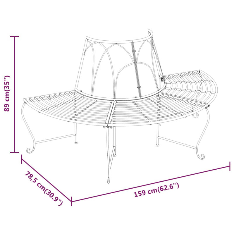  Banc demi-rond en acier noir de 62,6 po de diamètre