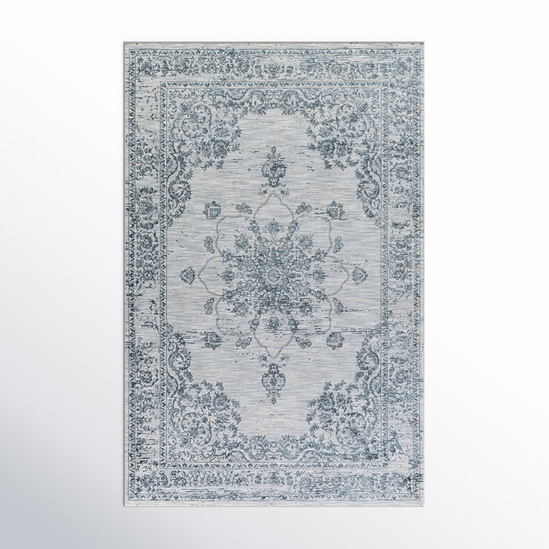 Tapis oriental gris clair / bleu Hadfield, Rectangle 2 pi 7 po x 4 pi