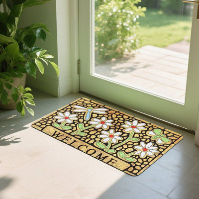 Mosaic Dragonfly Floral Floor Mat, For Patio & Garden, 24 X 36 In, Beige Black