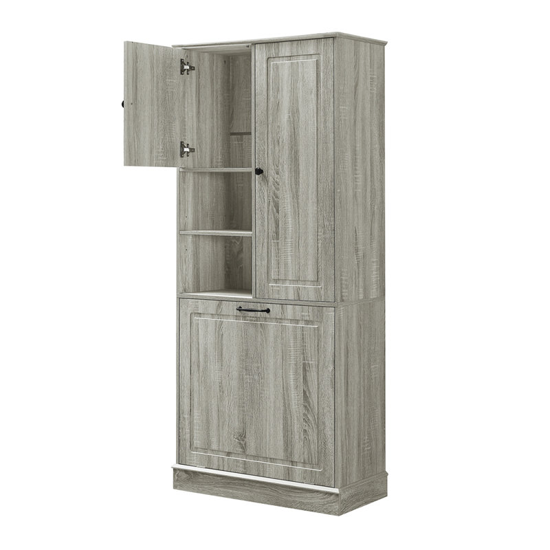 Tall Storage Cabinet with Adjustable Shelves, Large Flip-Out Basket & Enclosed Cabinets – Perfect for Bathroom, Living Room, or Office, MDF Material with Aluminum Alloy Handles