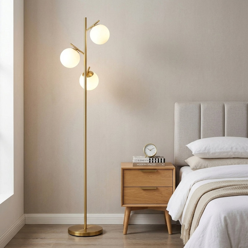 Lampe sur pied à branches moderne à 3 lumières, lampe sur pied à mât mince avec interrupteur au pied, lampe d'appoint haute E26 pour le bureau de la chambre à coucher