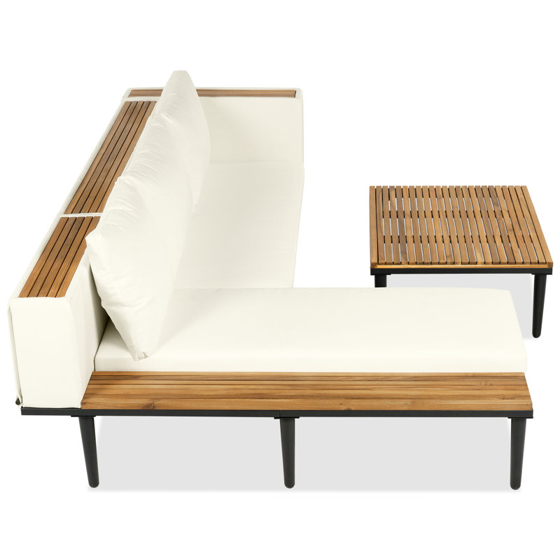Ensemble de canapé modulaire en L en bois d'acacia avec table d'appoint et coussins