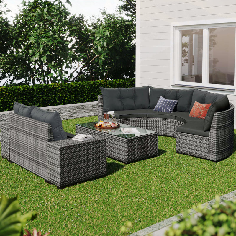 8-pieces Outdoor Wicker Round Sofa Set, Half-Moon Sectional Sets All Weather, Curved Sofa Set With Rectangular Coffee Table, PE Rattan Water-resistant and UV Protected, Movable Cushion