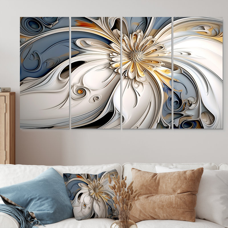 Abstrait fleur flottante blanche - ensemble d'art mural floral moderne 4 pièces, H 32 po x l 64 po