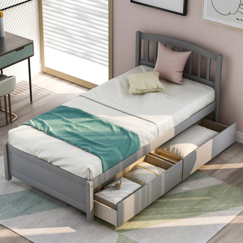 Lit plateforme simple avec rangement en bois massif, gris
