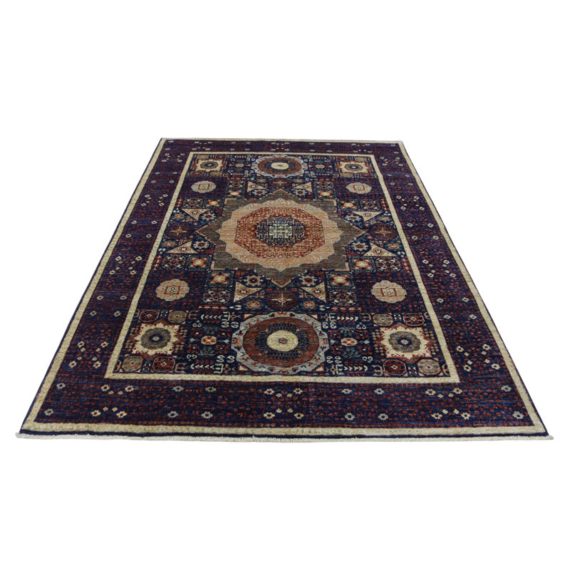 Hand Knotted Wool Area Rug in Navy, Rectangle 4'11" x 6'10"