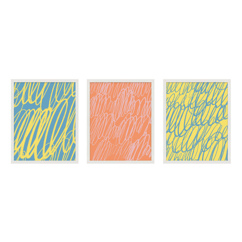 Color Squiggles Print by Jacques Pilon, White Single Structure Framed Paper, 50" H x 120" W x 1.25" D