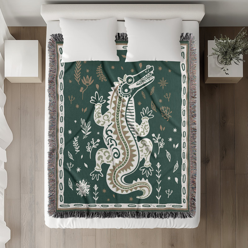 Jeté en mélange de coton Amiro Crocodile, L 70 po x l 50 po, Émeraude / blanc cassé