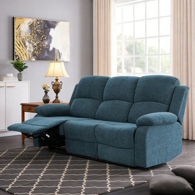 Light Blue Fluffy Fabric 3-Seat Reclining Sofa With Drop Down Table & Cup Holders, Manual Recliner For Living Room, Durable & Comfortable