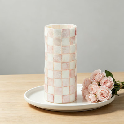 Capiz Small Vase, Unique Flower Vase Decor, Pink And White Rosy Check Glass Vase With Inlaid Capiz Pattern For Tabletop, Living Room, Dining Room Centerpiece