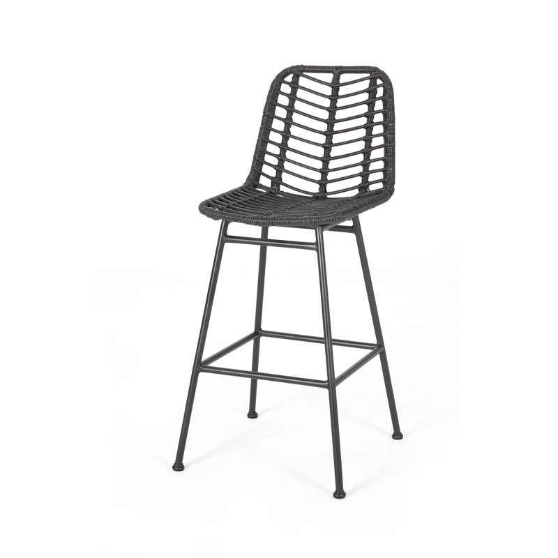Gray and Black Wicker Outdoor Barstools with Iron Frame, Set of 2