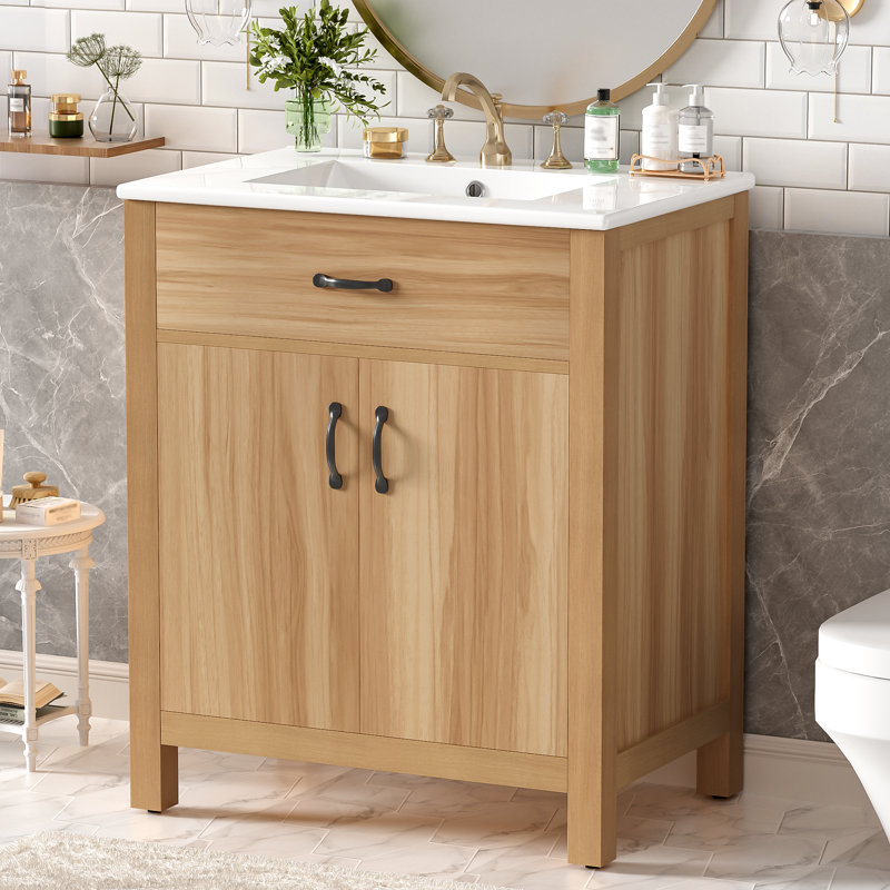 30" Modern Bathroom Vanity With Solid Wood Frame, Ceramic Sink, Flip Drawer, Soft-Close Doors, Adjustable Shelf & Door Storage