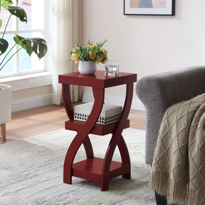 Twisted Wood Accent End Table, 3-Tier Side Table with Open Storage Shelves, Narrow Nightstand or Sofa Table for Bedroom, Living Room & Office - Red