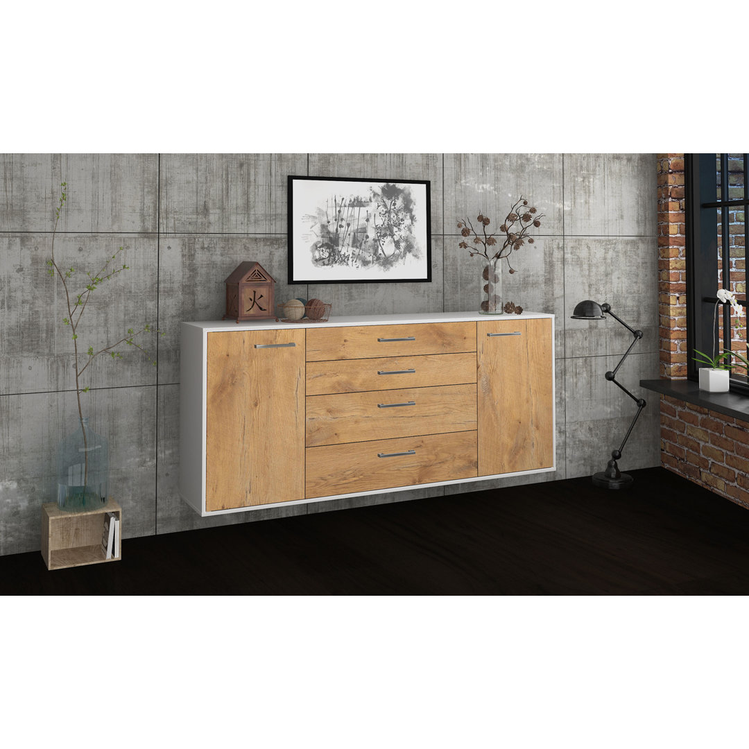 Sideboard Bridgeport, Farbe: Treibholz/Weiß, Fliegend/Metallgriffe, Größe: 180x79x35cm