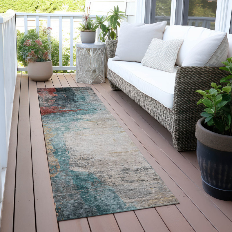 Tapis bleu sarcelle lavable à la machine intérieur / extérieur Xhevrie, Tapis de couloir 2 pi 3 po x 7 pi 6 po