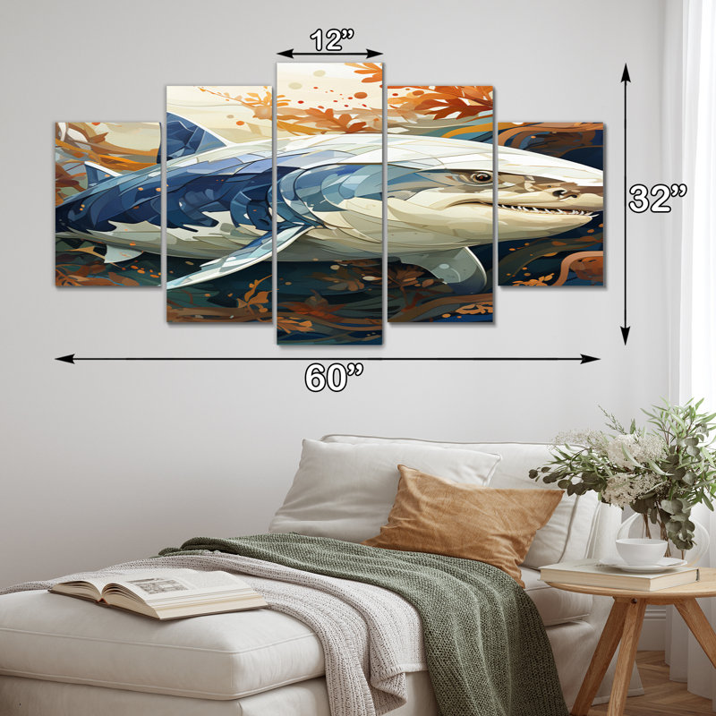 Grey Orange Shark Harmony - Marine Animals Wall Art Living Room - 5 Panels