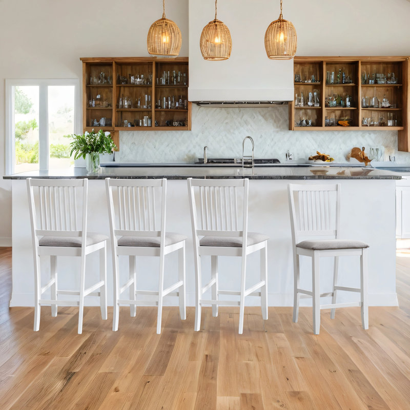 Chic Slat Back Wooden Counter Stools with Upholstered Seats, 4, White