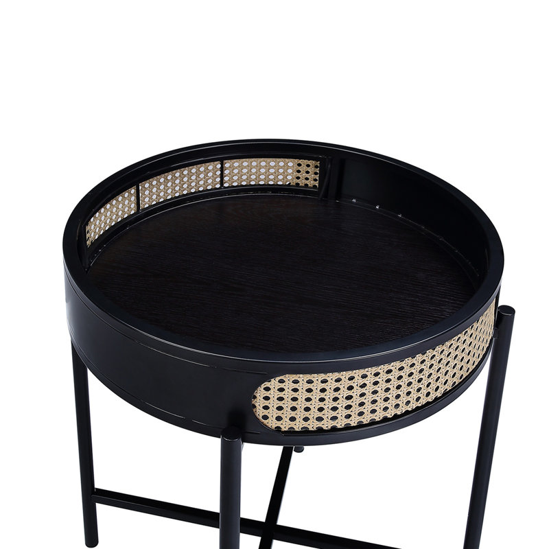 Table de bout ouverte à plateau rond noir avec pieds en métal, compartiment d'insertion et de rangement, idéale pour le café et l'utilisation, profondeur de 22 pouces, hauteur de 24 pouces, plateau de 17 lb, 1 zone, convient