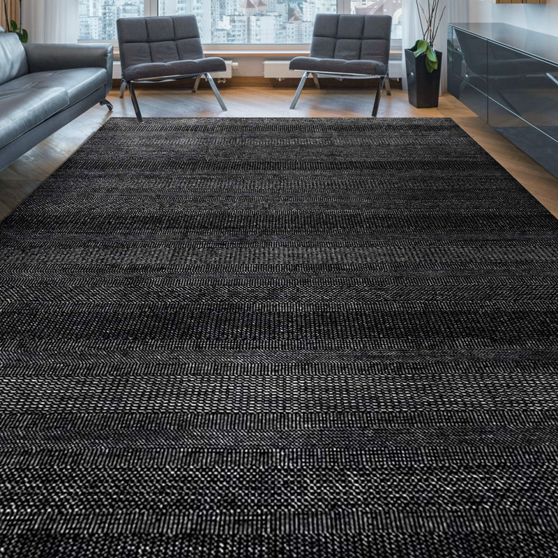 Tapis noir / gris noué à la main, Rectangle 9 pi x 12 pi