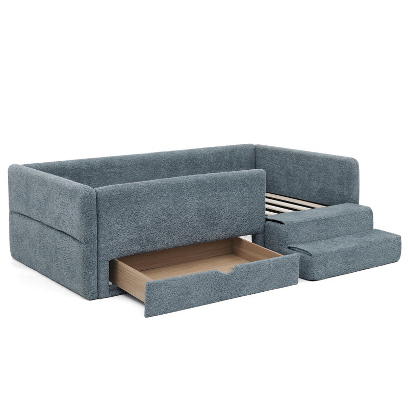 Lit pour enfant multifonctionnel avec rangement, tissu Boucle, design moderne