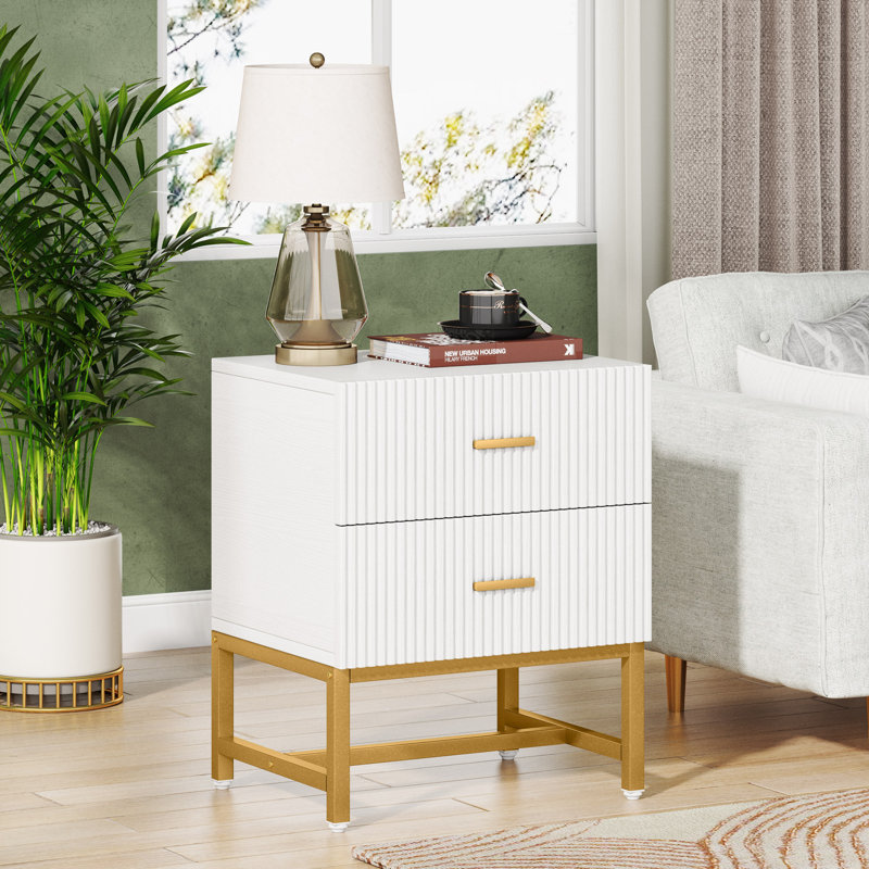 Table de chevet en fer avec 2 tiroirs, Blanc, 2