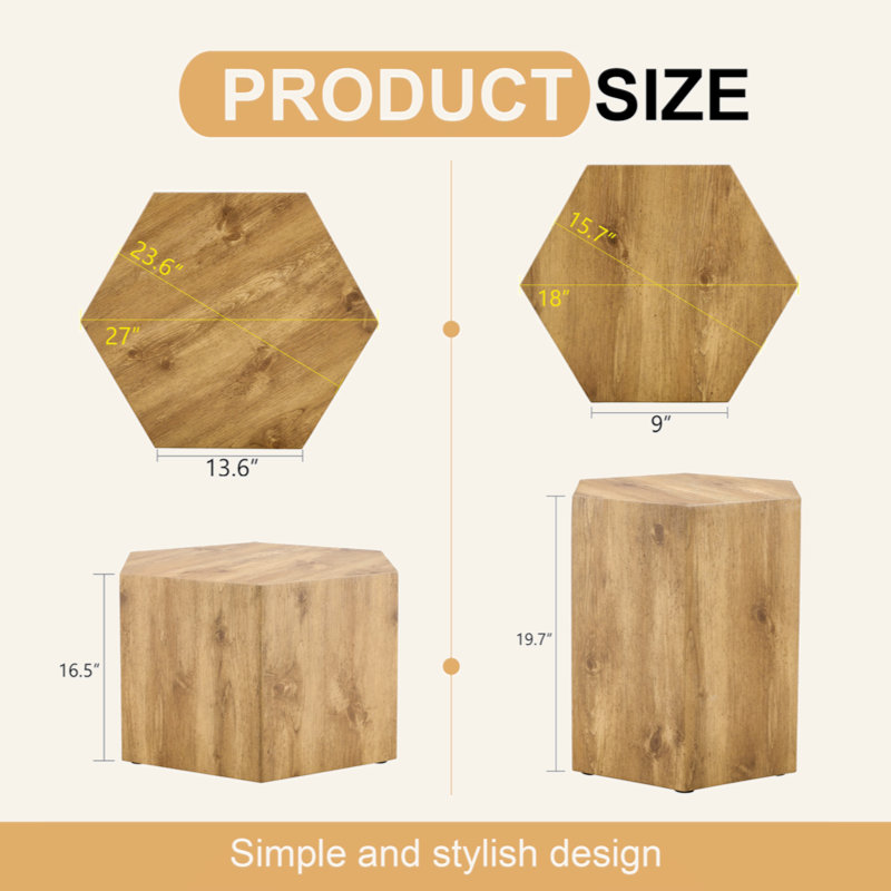 Modern Minimalist Set Of Two Hexagonal Wood-Grain MDF Coffee Tables.Modern MDF Coffee Table, With Complex Texture Patterns, Style And Texture Coffee Table To Redefine Your Interior Decoration.
