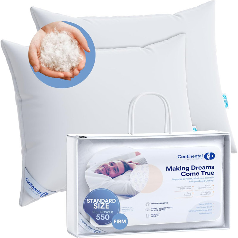 Standard Size White Cotton Firm Down Pillows Set of 2