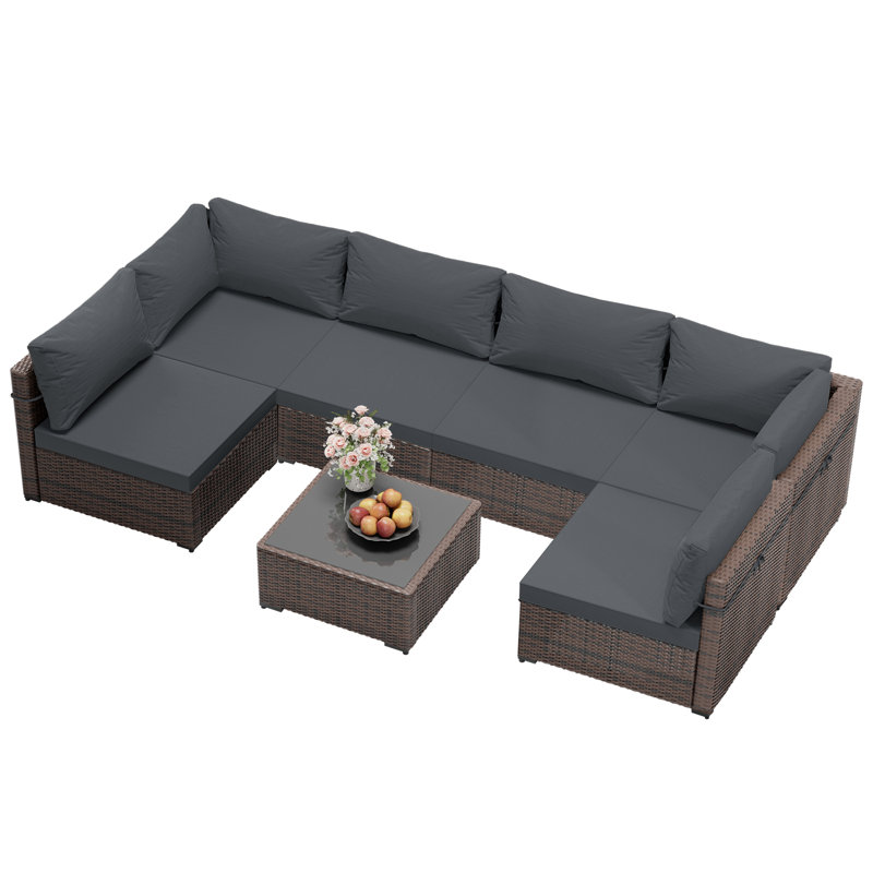 7-Piece Outdoor Rattan Seating Set with Cushions, Dark Gray