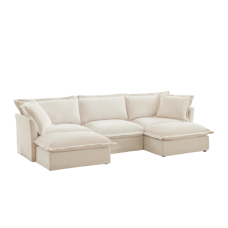 Canapé modulaire en U à housse avec siège profond et bordure française - Canapé nuage en chenille crème pour le salon (8 pièces incluses)