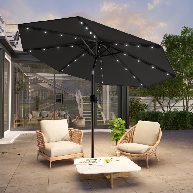 Parasol de marché avec lumières solaires, parasol de table pour la terrasse, H 7,81 pi x l 9 pi x P 9 pi
