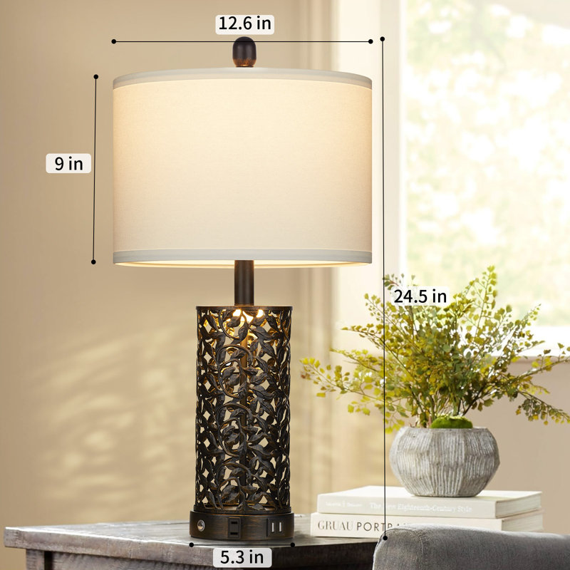 Doroteja 24.5" Bedside Metal USB table lamp set with Night Light and Touch Control, Black