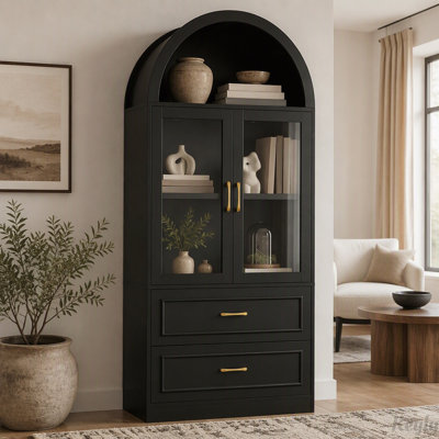 Armoire de rangement arquée avec portes et tiroirs en verre trempé
