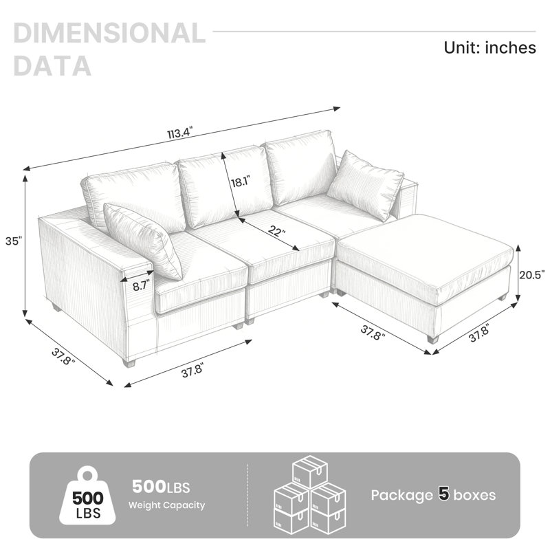 Canapé d'angle rembourré avec 1 repose-pieds, H 26 po x l 113,3 po x P 37,8 po, Lin gris